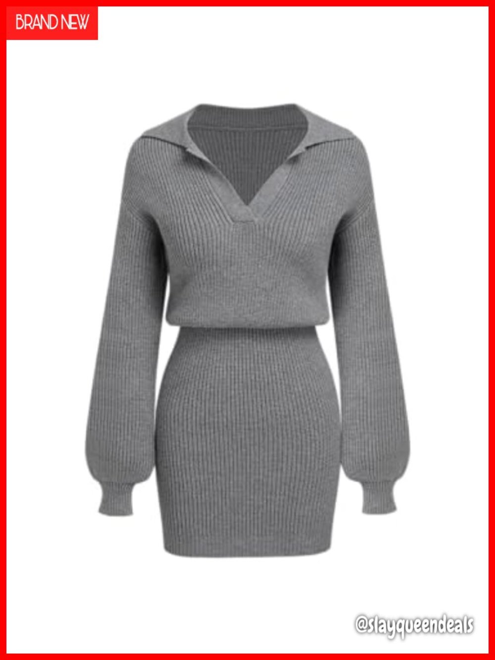 Ribbed Knit Long Sleeve V Neck Mini Sweater Dress Collared Casual Mini Dress